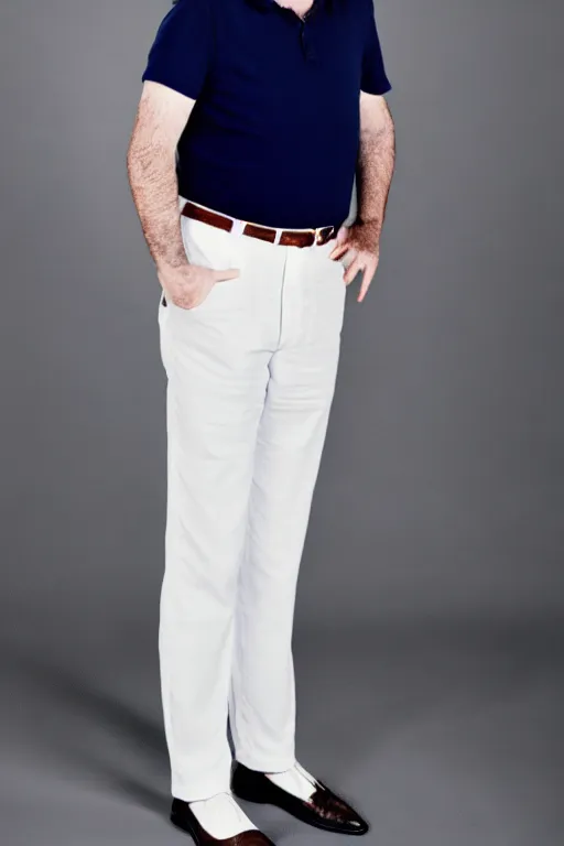 Image similar to full body color photograph of a balding, middle aged, brown haired, hairy, blue eyed, round faced, short white man who has thick legs, dressed in a white shirt, grey pants and black dress shoes, smiling at the camera with perfect, straight white teeth, full body portrait, head to toe