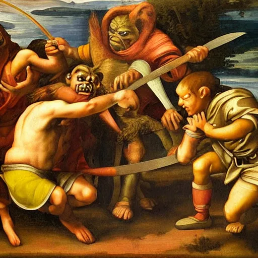 Prompt: renaissance painting of a goblin being slain by a sword, colorful