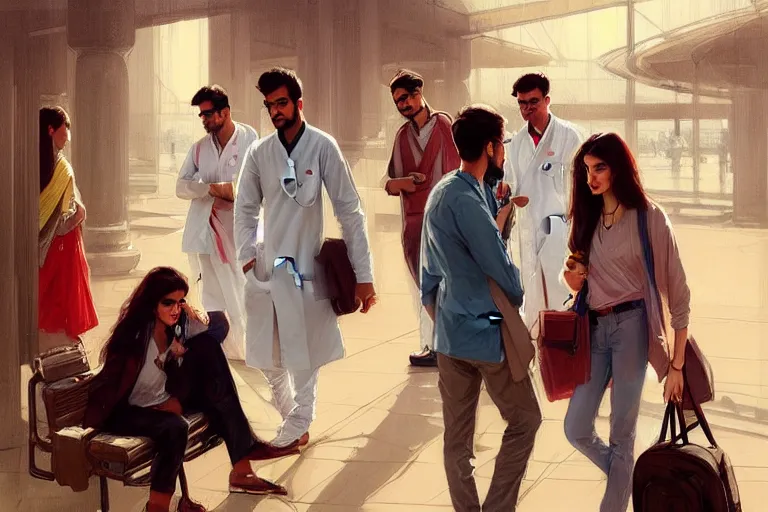 Prompt: Anxious good looking pale young Indian doctors wearing American clothes chatting at the airport, portrait, elegant, intricate, digital painting, artstation, concept art, smooth, sharp focus, illustration, art by artgerm and greg rutkowski and alphonse mucha