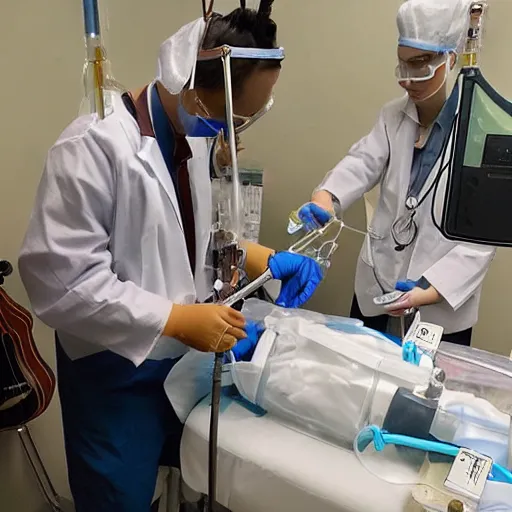 Image similar to doctors playing music with instruments made out of clear tubing, syringes, urine collection bag, iv pole, fluid bag, nebulizer equipment, bag - valve mask, intubation equipment, speculum, defibrillator, coban, flexiseal, picc dressing.