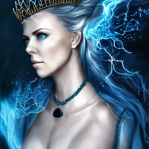 Image similar to masterpiece portrait of an aesthetic mage woman, ice spell, 3 0 years old woman, ( young charlize theron like ), black dynamic hair, wearing silver diadem with blue gems inlays, silver necklace, painting by joachim bergauer and magali villeneuve, atmospheric effects, chaotic blue sparks dynamics in the background, intricate, artstation, fantasy