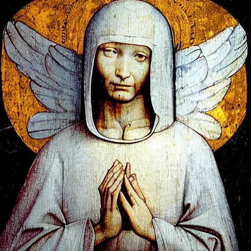 Image similar to realistic medieval painting portrait of white angel with clean narrow face like noface, 3 / 4, miracle light coming up from the head up and up, misty space, grace and blessing, sfumato effect by hieronymus bosch, by leonardo da vinci, renaissance, christianity, only white colors, white background