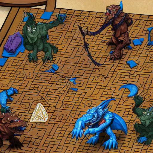 Image similar to A typical Dungeons And Dragons adventuring party, fighting a blue dragon and a highly organized pack of kobolds, except everyone is shrunk to only 2% of their normal height, and the fight is happening on a gridded battlemat on a kitchen table, with normal size pencils and polyhedral dice scattered across the table; 4K image