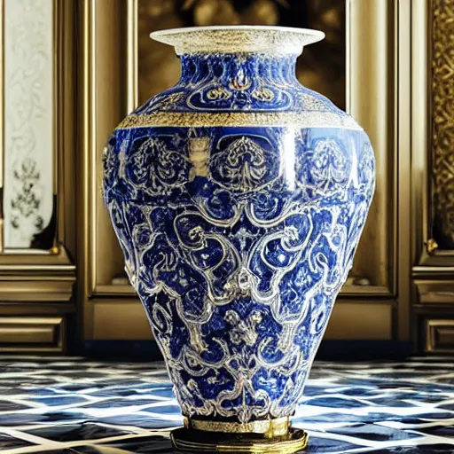 Image similar to An ornate baroque vase breaking on the marble tile floor, exploding into dust, dark-blue light-blue gold silver white black beige, volumetric dust rays, intricate detail, ultra realistic, cinematic lighting, moody, wet, shiny