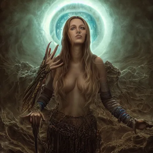 Image similar to priestess of the damned, blake lively, 8 k resolution, concept art, detailed matte painting, eldritch, unreal engine, gustave dore, detailed painting, maximalist, 4 k, 8 k resolution, 3 d shading, rendered in blender, astral aurora, hyperdetailed, intricate, polished