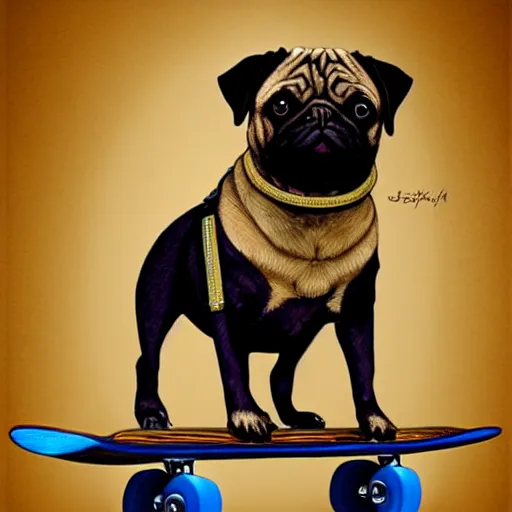 Image similar to a pug dog sitting on top of a skateboard, a digital painting by jeffrey smith, featured on cg society, digital art, digital painting, sketchfab, digital illustration