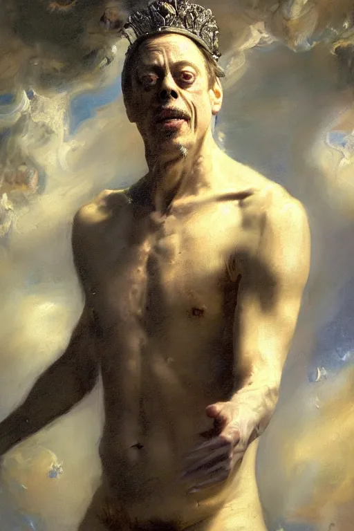 Image similar to beautiful detailed expressive impressionistic oil painting portrait of ancient roman god emperor steve buscemi levitating, ascending into the dark wearing the civic crown, renaissance painting, black background, art by anders zorn, wonderful masterpiece by greg rutkowski, expressive brush strokes, beautiful cinematic light, american romanticism by greg manchess, jessica rossier