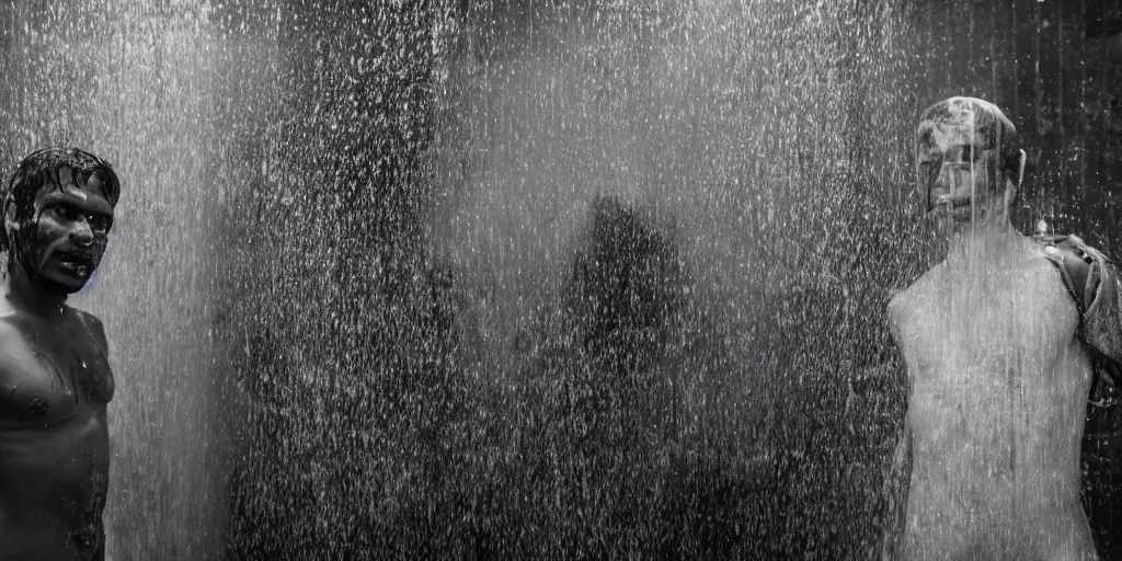 Prompt: sri lankan man in a shower, film still, psycho thriller movie style