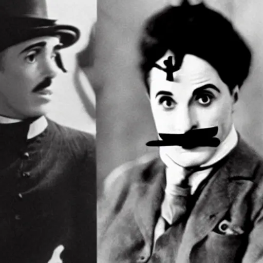 Prompt: charlie chaplin watching a new marvel movie