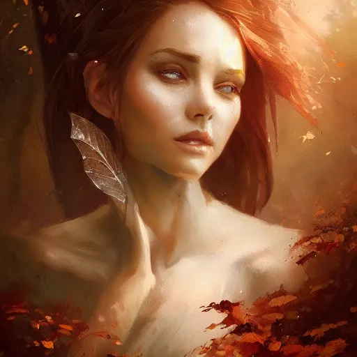 Prompt: portrait of a beautiful autumn fairy by greg rutkowski, fantasy, realism, trending on artstation