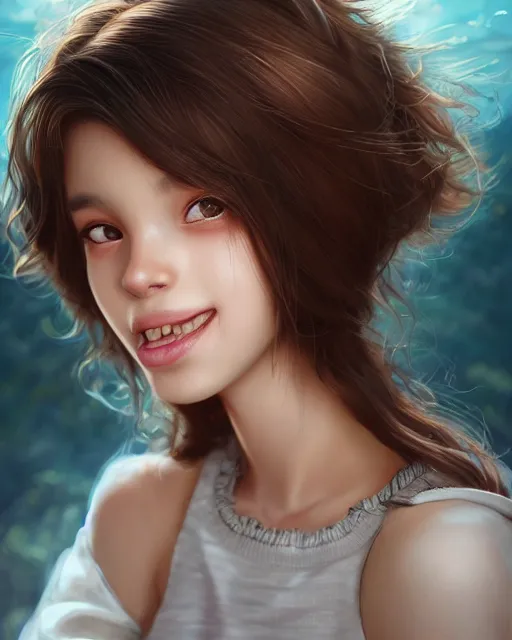 Image similar to portrait of 1 5 - year old girl with lush frizzy untamable brown hair, large front teeth, and bright piercing brown eyes, hyper realistic face, beautiful eyes, character art, art by artgerm lau and wlop and and ilya kuvshinov and john singer sargent, hyperdetailed, cryengine, trending on artstation, wizard, digital art