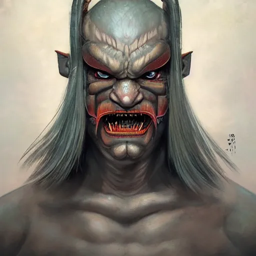 Prompt: portrait, cyberpunk japanese oni demon with hrons, stern expression, long hair, highly detailed, digital painting, artstation, concept art, smooth, sharp focus, illustration, artgerm, tomasz alen kopera, peter mohrbacher, donato giancola, joseph christian leyendecker, wlop, frank frazetta