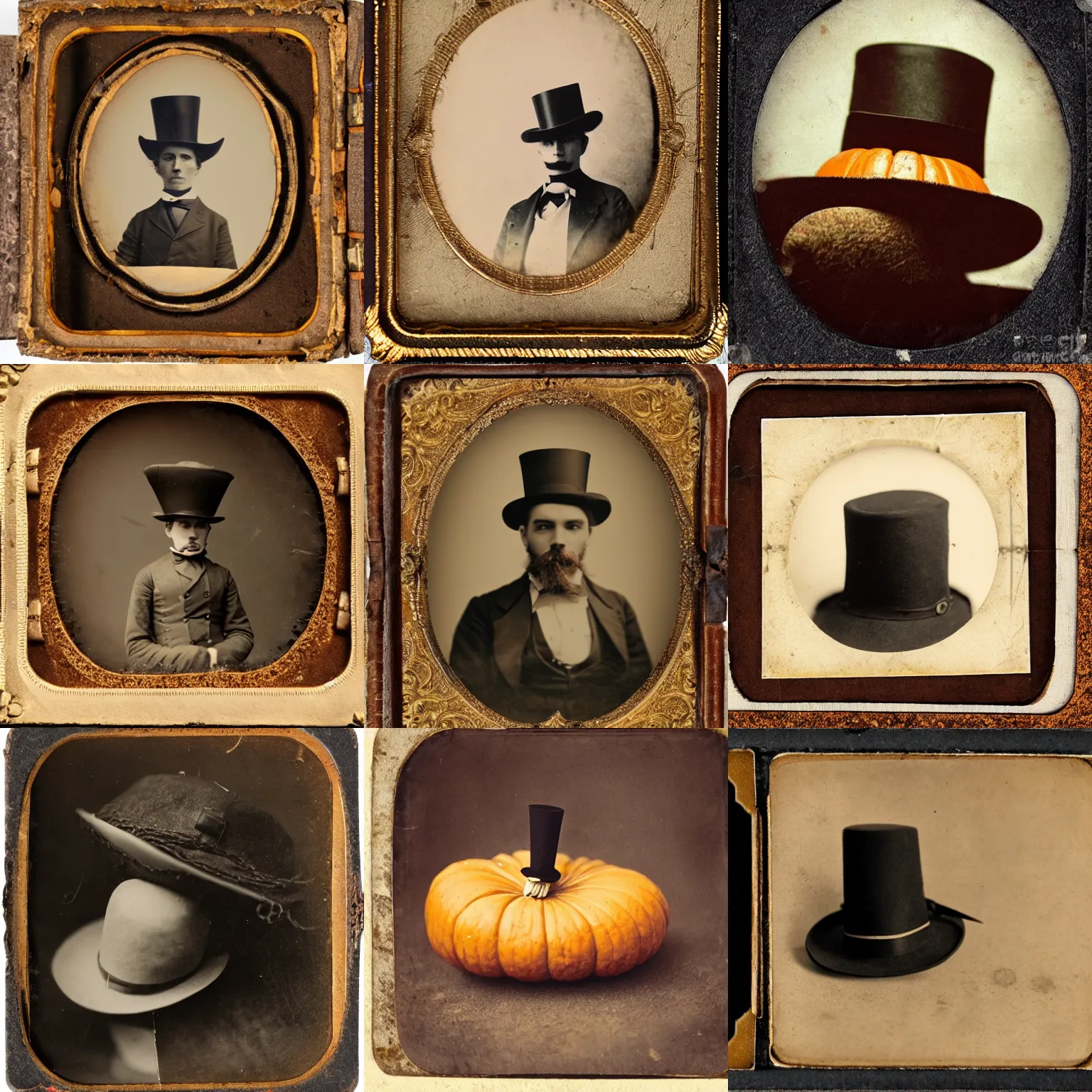 Prompt: An 1870s tintype photograph of a hat sitting on a pumpkin, top hat, nature photography, high quality, restored 4k