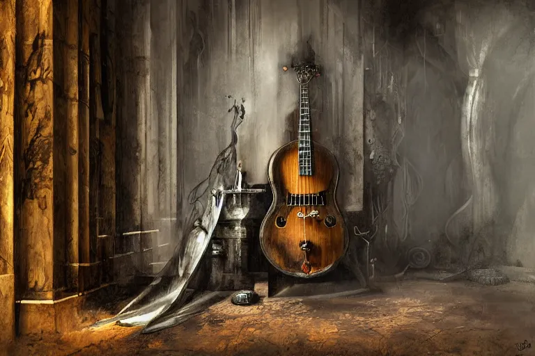 Image similar to still life of a cursed baroque oud with ebony inlay, designed by brian froud and hr giger leans against the wall alone, abandoned. an empty brutalist chamber, lonely, somber, a thin wisp of smoke rises from the lute. late afternoon lighting cinematic fantasy painting by jessica rossier