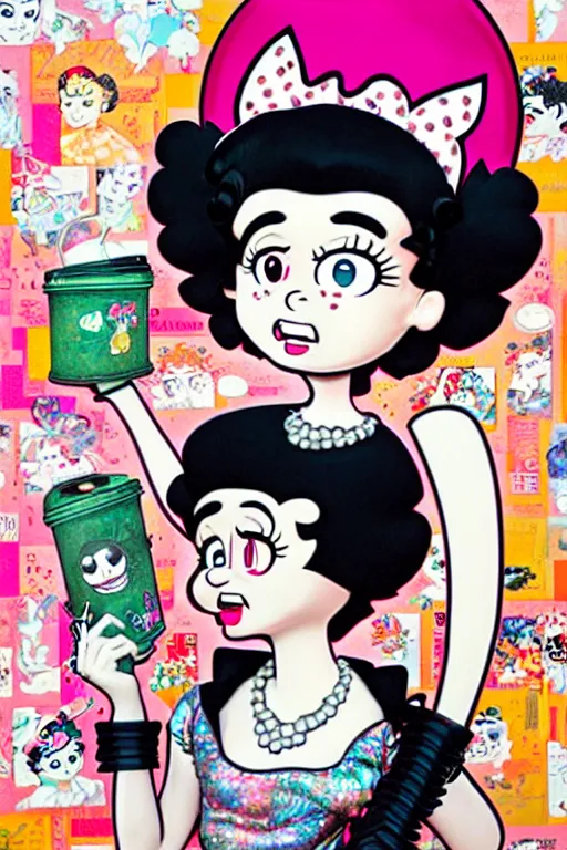 Image similar to full view, from a distance, of anthropomorphic trashcan who is betty boop from 1 9 3 0, full of trash, style of yoshii chie and hikari shimoda and martine johanna, highly detailed