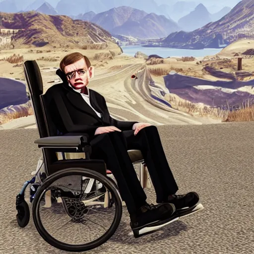 Image similar to Stephen Hawking in GTA 5, cover art by Stephen Bliss, boxart, loading screen