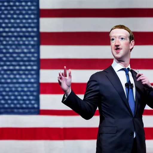 Image similar to Mark Zuckerberg the president of the united states wearing a black suit with a US Flag pin, EOS-1D, f/1.4, ISO 200, 1/160s, 8K, RAW, unedited, symmetrical balance, in-frame, Photoshop, Nvidia, Topaz AI