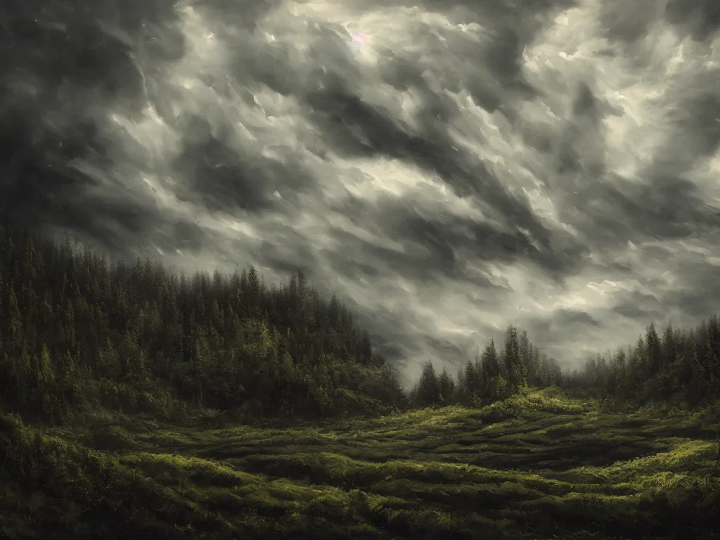 Image similar to detailed landscape, forests. very detailed dark super storm, hyper realistic clouds, impressive, magical, very atmospheric, smoke boiling, cinematic, deep, very high complexity, stunning, masterpiece, chiaroscuro, in the style of david holland and michael creese, very detailed. 4 k
