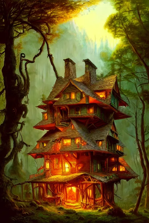 Prompt: a storybook illustration of a ramshackle multistory fairytale hut in the forest, intricate, elegant, fantasy, highly detailed, digital painting, concept art, sharp focus, artstation, painted by Frederic Edwin Church