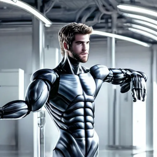 Image similar to a realistic detailed photo of a guy who is an attractive humanoid who is half robot and half humanoid, who is a male android, actor liam hemsworth, shiny skin, posing like a statue, blank stare, in a factory, on display, showing off his muscles