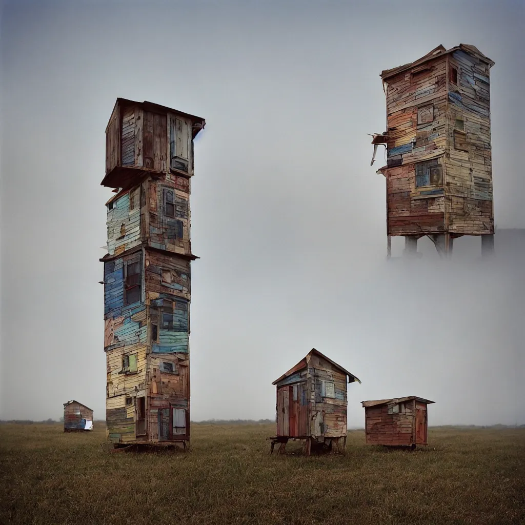 Prompt: two high towers made up of makeshift squatter shacks with faded colours, plain uniform sky at the back, misty, mamiya, ultra sharp, very detailed, photographed by julie blackmon