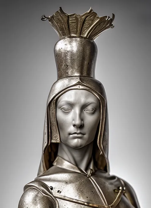 Image similar to a medieval female soldier, elegant, filigree renaissance sculpture from marble, brilliant symmetry, created by verrocchio andrea, leonardo da vinci, sandro botticelli, raffaelle monti, epic 7 0 mm lens shot, artstation trending, photorealism, sharp focus, smooth, establishing shot, sense of awe