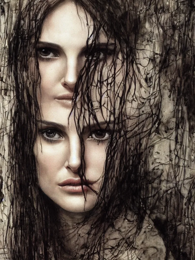 Image similar to a beautiful portrait of natalie portman by h.r. giger and by arthur rackham and by john william waterhouse, detailed, proportional, trending on art station, 4k