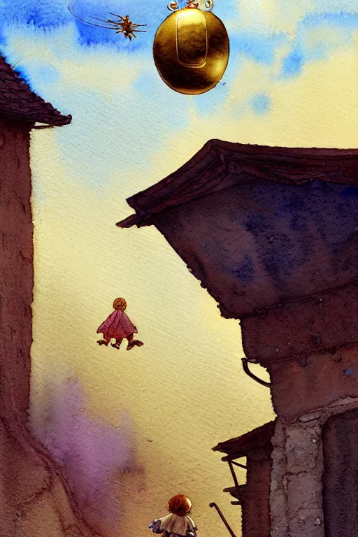 Image similar to a hyperrealist watercolor concept art of an elegant golden ufo in the sky above a small medieval town. one single dirty medieval peasant child is floating away up to the sky. very muted colors, by rebecca guay, michael kaluta, charles vess. high detail, hq, wide shot, 4 k