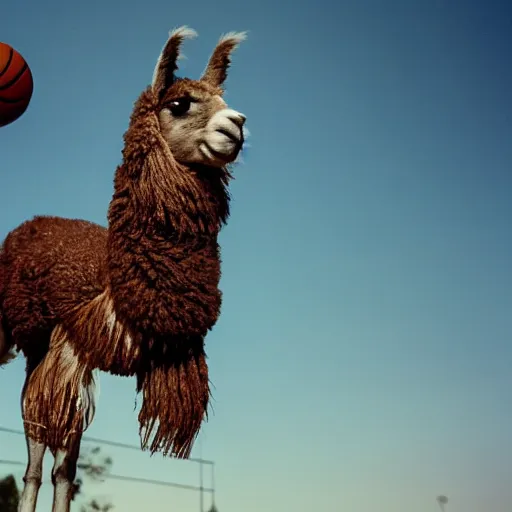 Image similar to film still of a llama in a jersey dunking a basketball like michael jordan, low angle, show from below, tilted frame, 3 5 °, dutch angle, extreme long shot, high detail, indoors, dramatic backlighting.