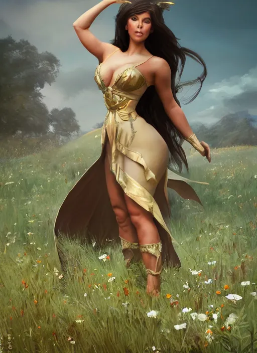 Image similar to Kim Kardashhian as a elf on a beautiful meadow, morning, art by Artgerm and Greg Rutkowski and Alphonse Mucha and miro manara, unreal 5, DAZ, hyperrealistic, octane render, RPG portrait, ambient light, dynamic lighting