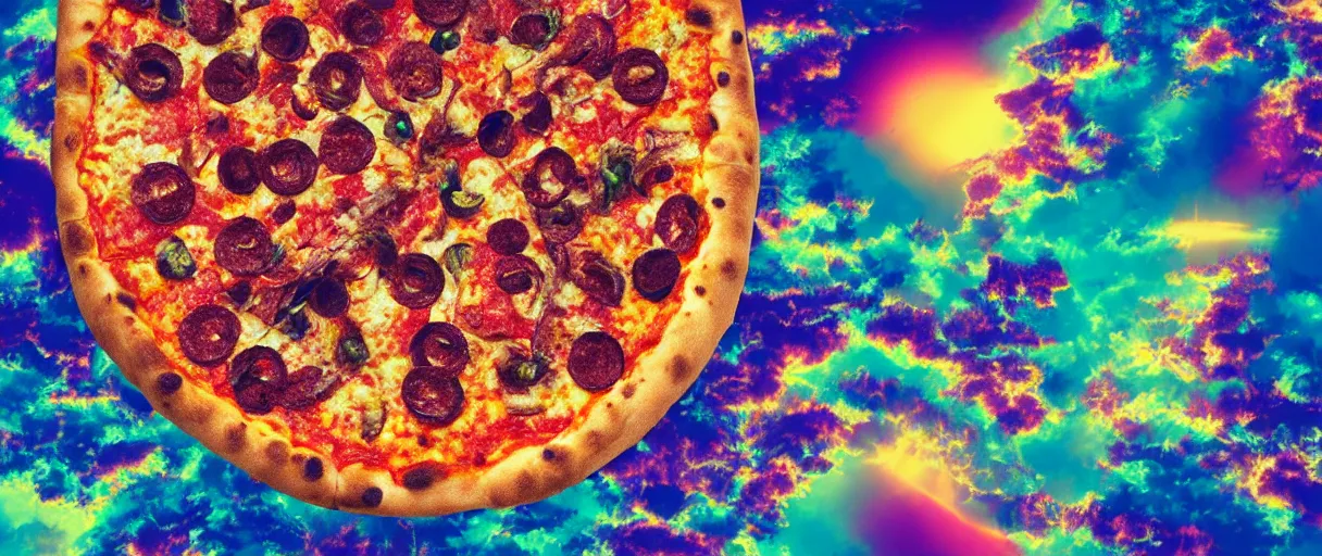 Image similar to huge pizza floating above the earth, high detail, vaporwave, synthwave, 8 k, hd, colorful
