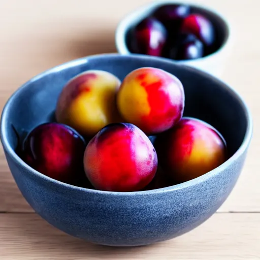 Image similar to photo of a thick porcelain bowl filled with a few moist freshly picked plums on a wooden table. volumetric lighting. 4 k. small scale. realistic. top down.