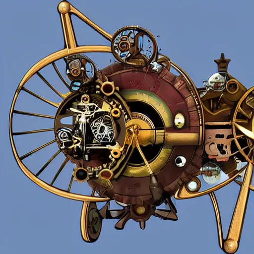 Image similar to A mechanical gyroscope airplane with a train crashing into the back of it, steampunk, style