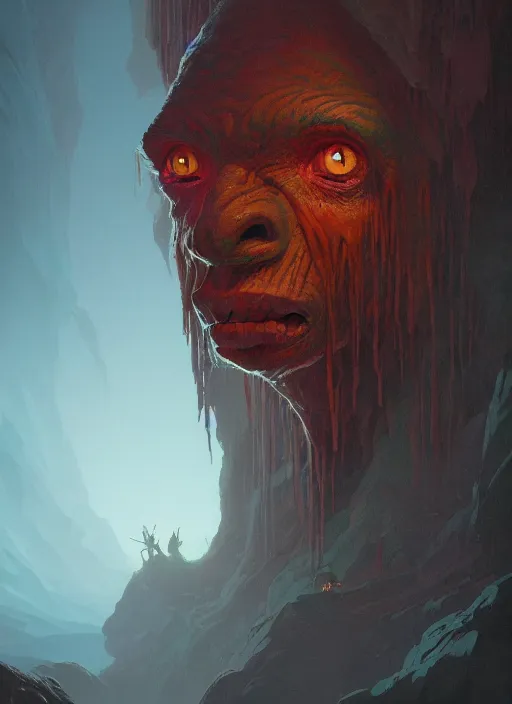 Prompt: a post - minimalism portrait of a cave goblin with very long legs vibrant color scheme, highly detailed, in the style of romanticism, cinematic, artstation, moebius, greg rutkowski