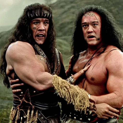 Image similar to tom hanks as conan the barbarian with a women in his arms