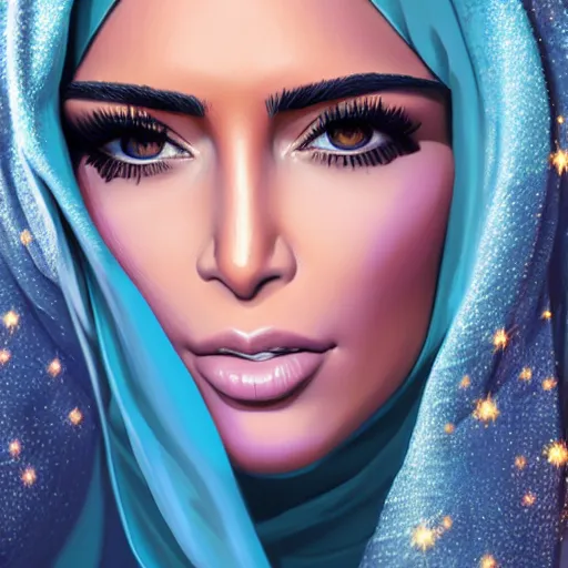 Prompt: Kim Kardashian wearing a hijab, Crystal blue eyes, full pov, oil colors, elegant, sharp focus, beautiful face, Hyper-realistic, Highly Detailed, HD, Dramatic Lighting by Brom, by beeple, studio ghibli, wallpaper, highly detailed, trending on artstation