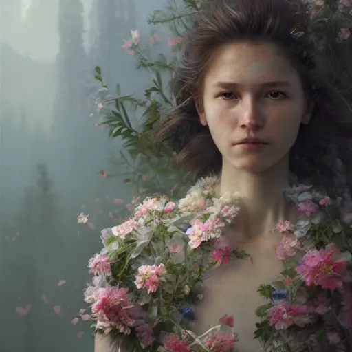 Image similar to a floral human, self - portrait!!!!, beautiful photorealistic imagery, soft lighting, soft atmosphere, 4 k, 8 k, trending on artstation, cgsociety contest winner, illustrated by greg rutkowski and shot by jimmy nelson