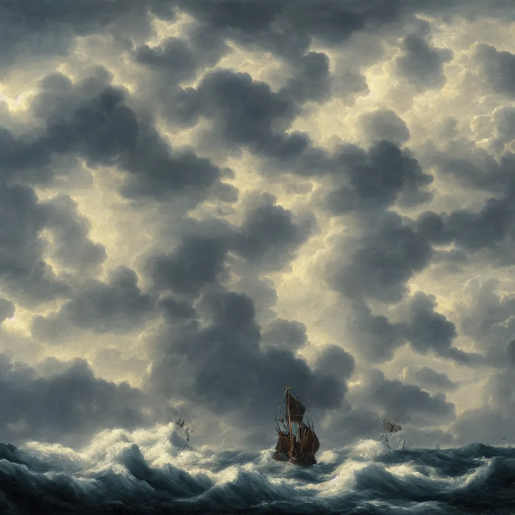 Image similar to a fantasy landscape. subject : kraken in a stormy sea, giant waves, lightning in the background, small boat, oil painting, 4 k