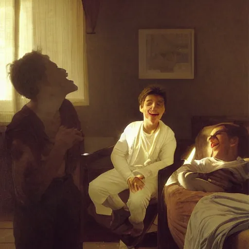 Prompt: a male patient at home with his wife and son standing by. happy, cheerful, smiling, intricate, face enhance, sharp focus, cinematic lighting, featured in artistation, 8 k, art by greg rutkowski, william adolphe bouguereau