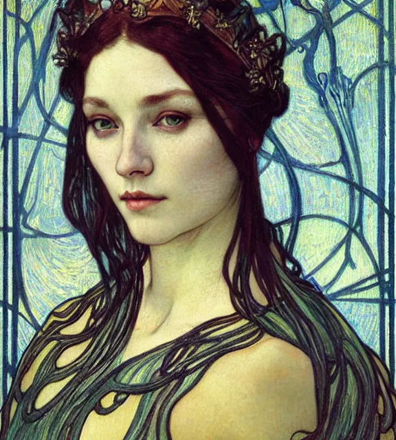Image similar to detailed realistic beautiful young medieval queen face portrait by jean delville, alphonse mucha, vincent van gogh, and marco mazzoni, art nouveau, symbolist, visionary, gothic, pre - raphaelite