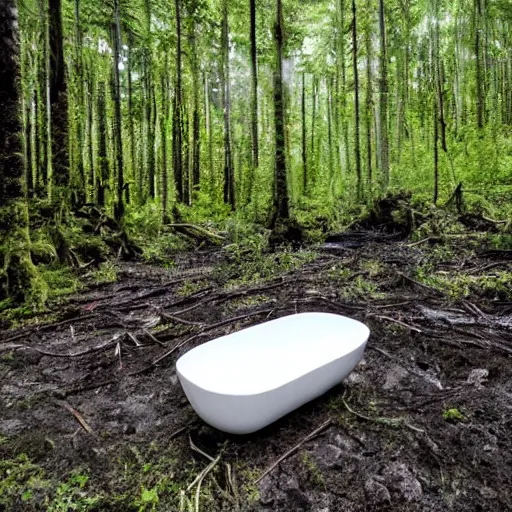 Prompt: pristine porcelain bath filled with bubbles in a clearcut rainforest, slash and burn, cleared forest, deforestation, bath overflowing with bubbles, tree stumps, smouldering charred timber