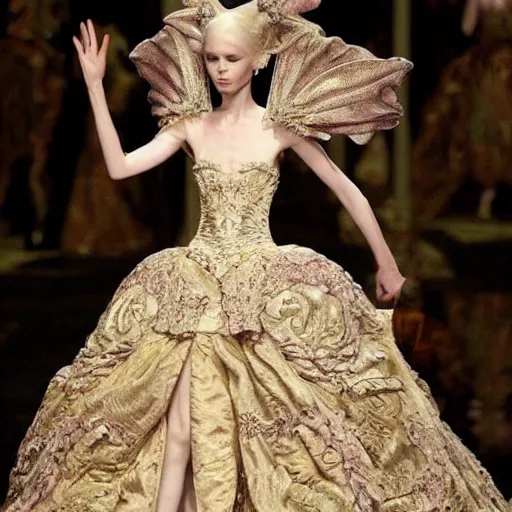 Image similar to fashion design inpired by fairy tale, for dragon queen, designed by alexander mcqueen, rococo