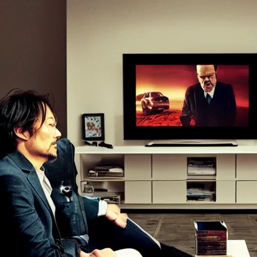 Prompt: Hideo Kojima and Christopher Nolan watch Breaking Bad on a TV