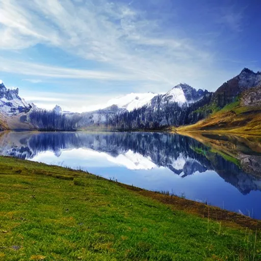 Image similar to a beautiful lake, mirror like reflection of a snow capped mountain in the backround, scenic, high detail, sunshine.