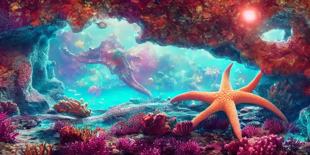 Prompt: giant starfish, laying at bottom of underwater crystal coral caverns, fantasy gorgeous lighting, movie composition, octane render, art by artgerm