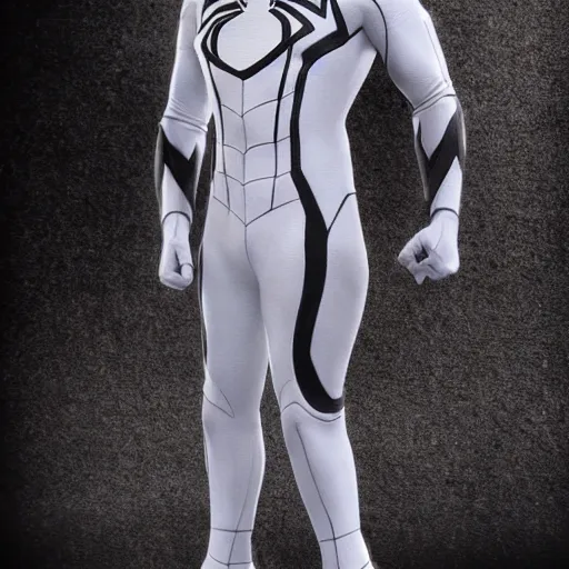 Image similar to white spider - man suit with black web lining, cinematic, volumetric lighting, realistic, hyperdetailed, photorealistic, photograph