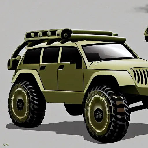 Prompt: concept art jeep inspired by halo warthog.