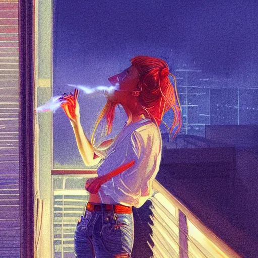 Image similar to a beautiful artwork of a woman in jeans and a white shirt smoking on the balcony of a hotel at night, top view, neon and rainy theme atmosphere by Jerome Opeña, featured on artstation