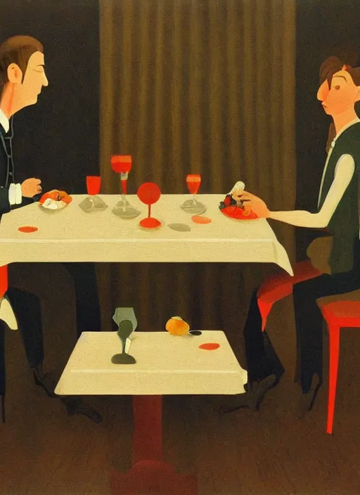 Image similar to A couple having a lonely dinner on a Saturday night painted by Marius Van Dokum, cinematography of Wes Anderson