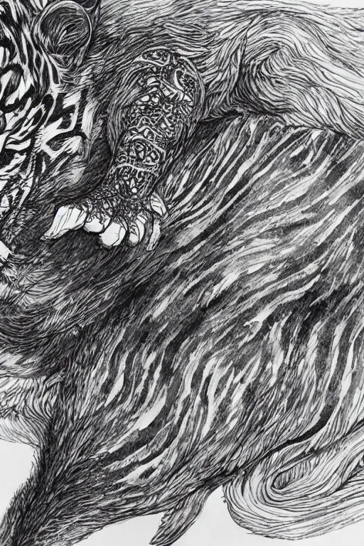 Image similar to Furry dolphin with tiger stripes, pen and ink, intricate line drawings, by Yoshitaka Amano, Ruan Jia, Kentaro Miura, Artgerm, watercolor